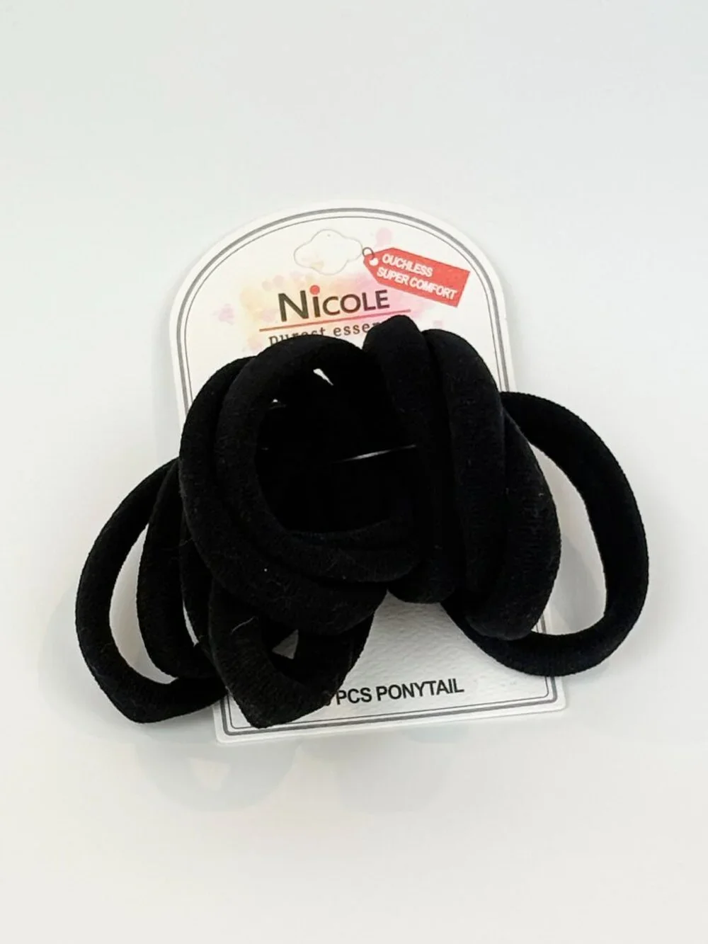 Nicole Purest Essence Ouchless Comfort 10 pieces Black Hair Ties Ponytails. New